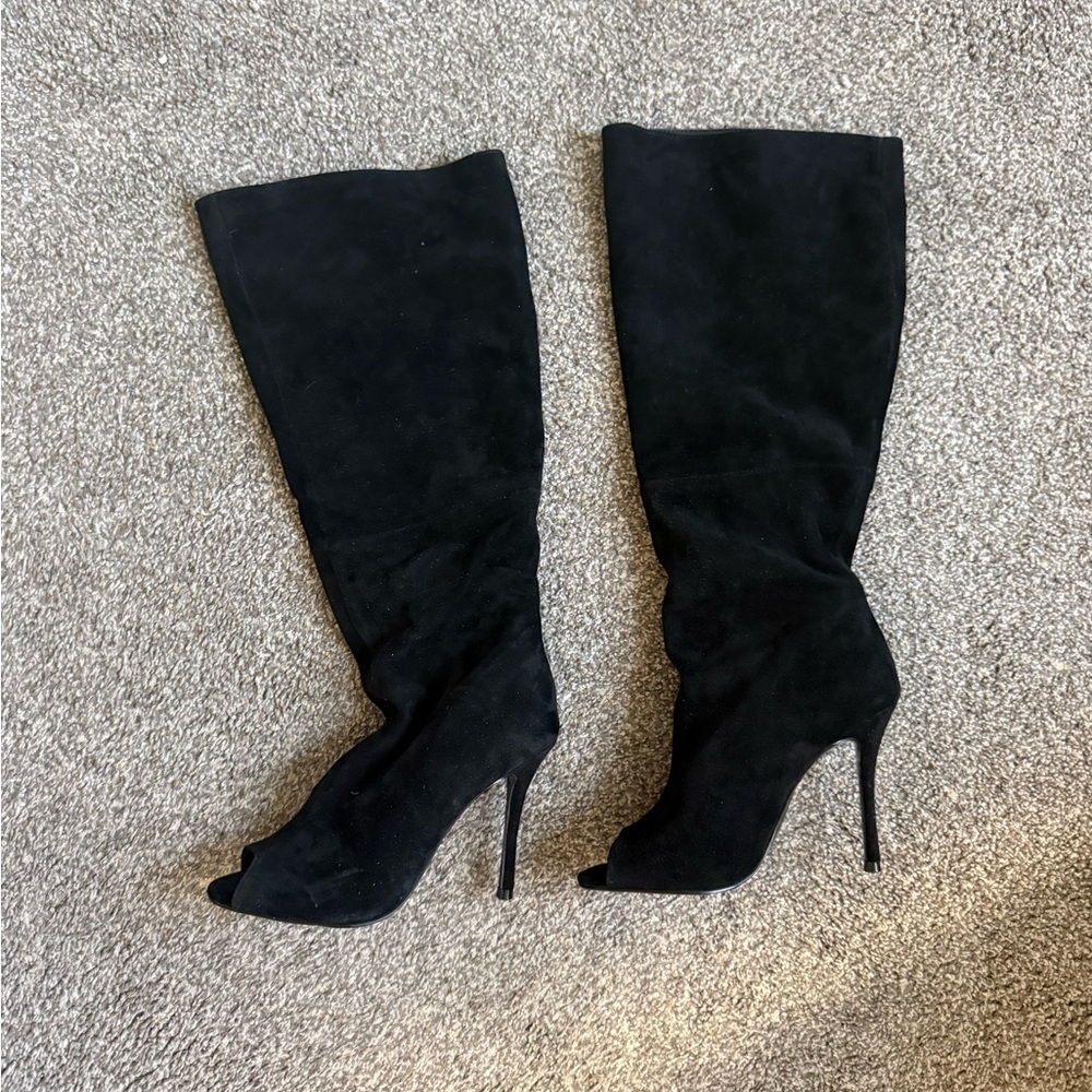 Steve Madden Peggie Black Suede Open Toe Below The Knee Stilett Heeled Boots